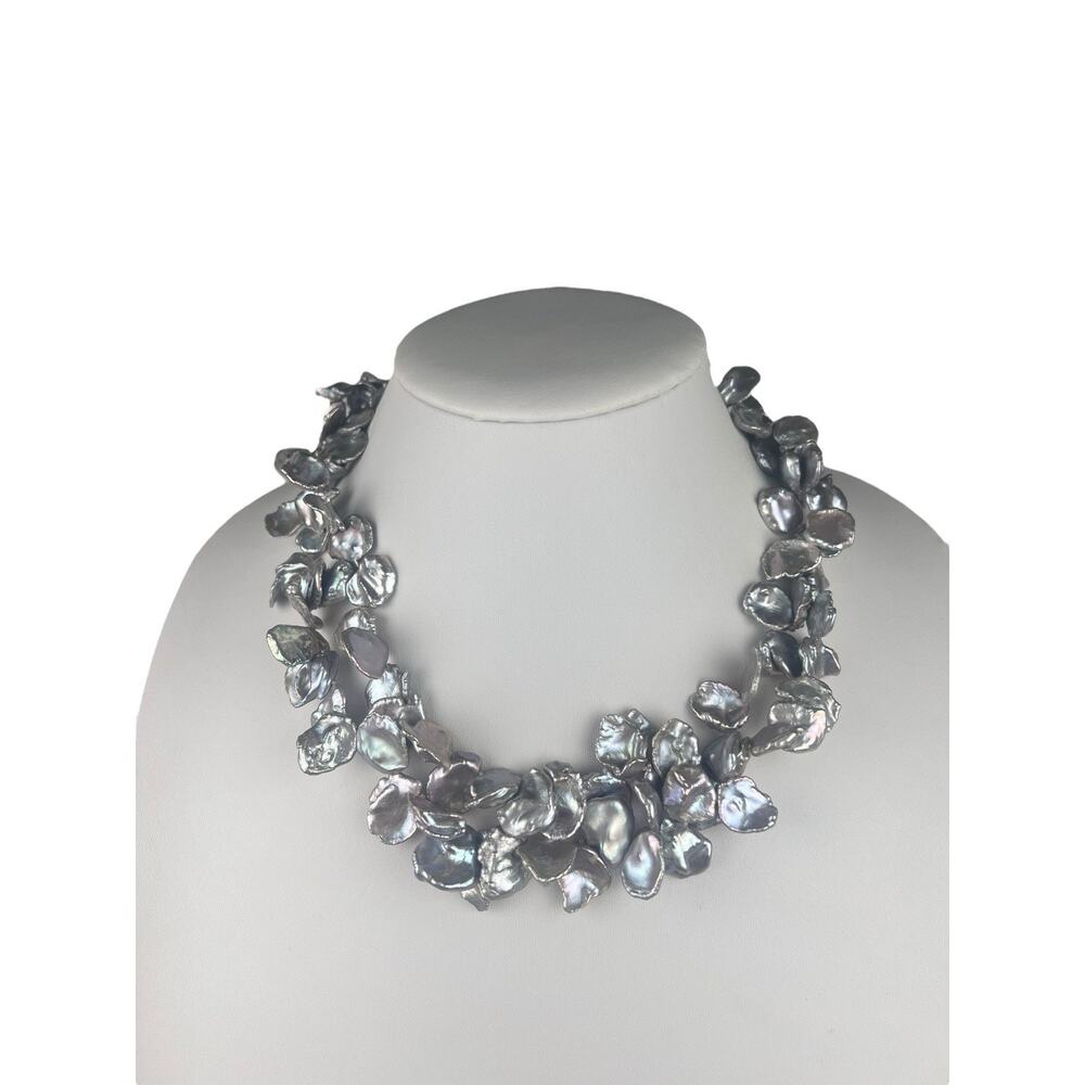 LUC Pearl Double Strand Statement Sterling Silver Necklace 18"-20"